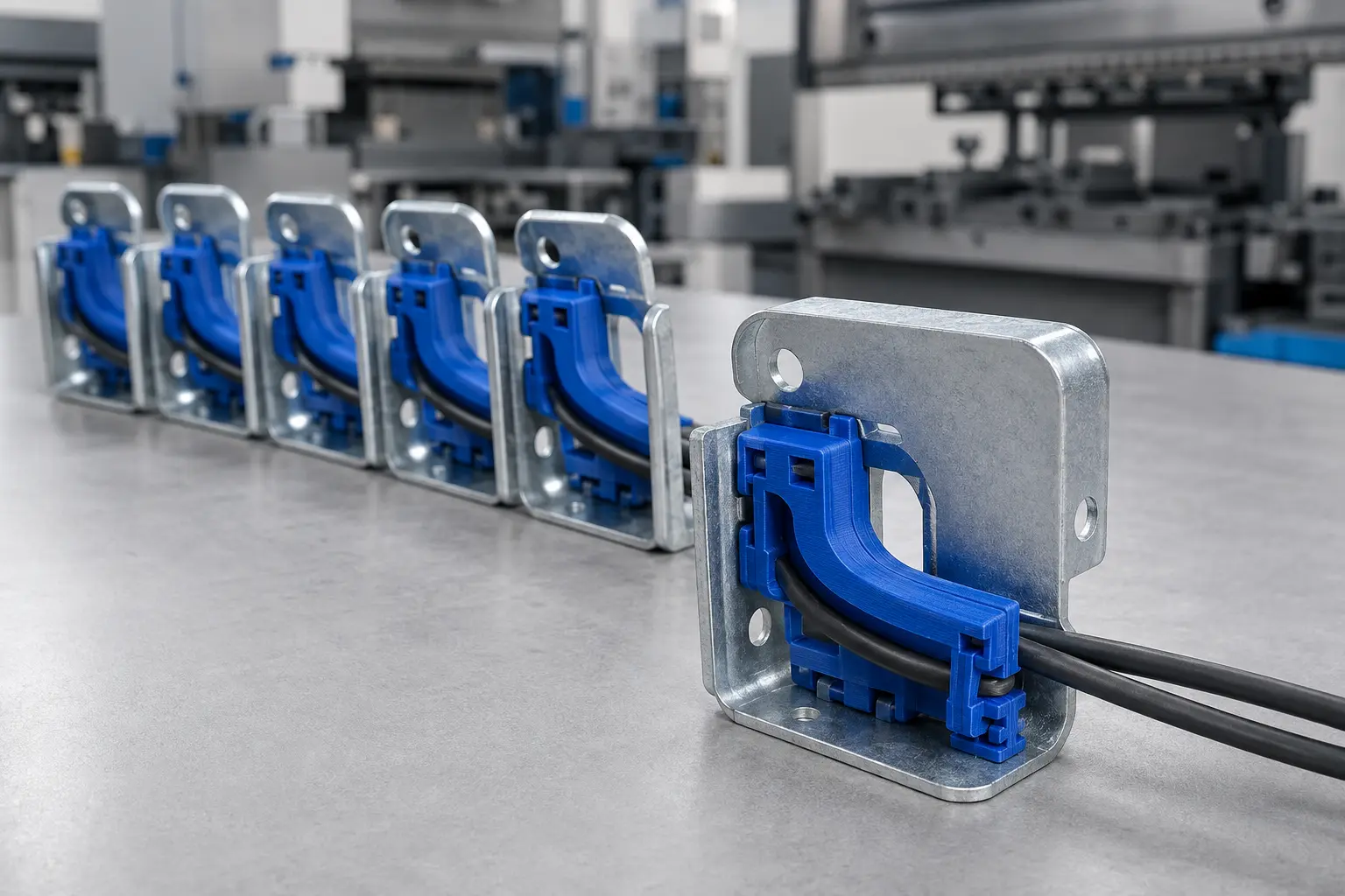 Mehrere blaue Kabelhalter auf Metallwinkeln