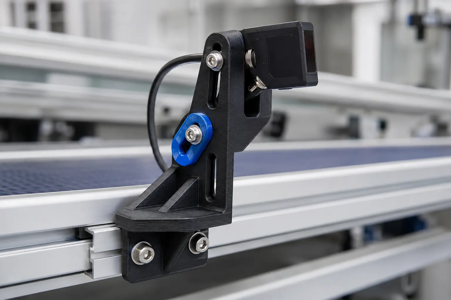 Verstellbarer Sensorhalter an einem Aluminiumprofil