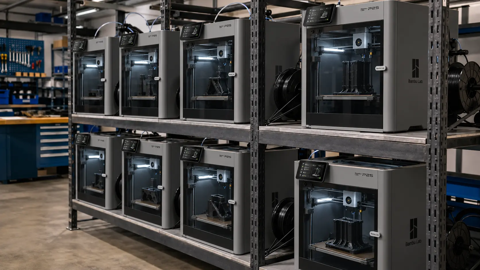 Mehrere Bambu Lab P2S fertigen technische Bauteile in einer Produktionswerkstatt